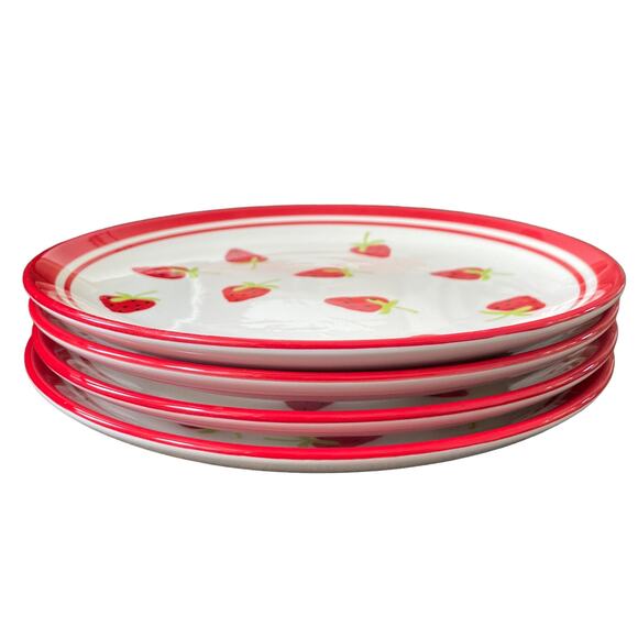 TERRAMOTO Strawberry Summer Ceramic 10.5" Plates Red and White Set of 4 NEW - Picture 5 of 8